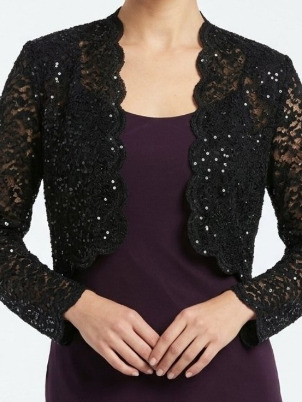 Alex Evenings Women's Black Bolero Embellished Sequin Scalloped Jacket Size 12P
